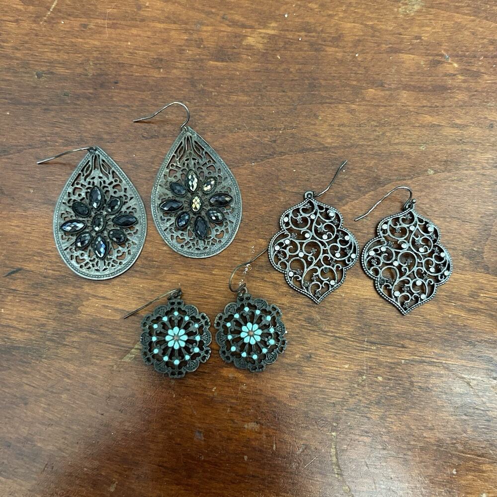 Trio Of Dark Metal Boho Earrings Floral Turquoise Dangle